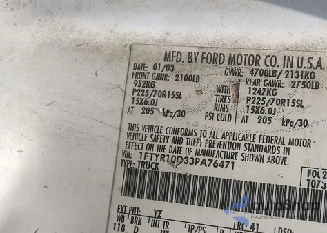 2003 Ford Ranger Xl/Xlt from USA, damaged, VIN 1FTYR10D33PA76471